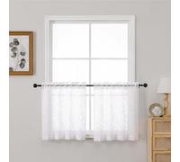 OVZME Short White Sheer Curtains 24 inch Length 2 Panels Set, Textured Soft Airy Elegant Leaf Jacquard Kitchen Curtains Tier for Bathroom Bedroom Living Room Small Windows, 2x30Wx24L Inches