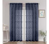 OVZME Textured Navy Blue Sheer Curtains 84 Inches Long 2 Panels Set, Light Filtering Leaf Jacquard Voile Semi Sheer Curtains for Bedroom, Dual Rod Pocket Farmhouse Window Drapes, 2x42Wx84L Inches