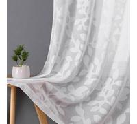 OVZME White Sheer Curtains 42 X 45 Inch Length 2 Panels, Semi Sheer Drapes Light Filtering Textured Window Curtains, Jacquard Clip Leaf Pattern Short Curtains for Small Window Tiers