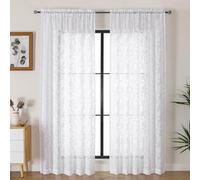 OVZME White Sheer Curtains 90 inches Long 2 Panels for Living Room, Jacquard Clip Leaf Pattern Textured Light Filtering Window Semi Sheer Voile Drapes for Bedroom, Each Panel 52 x 90 Inch