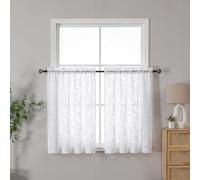 OVZME White Sheer Kitchen Curtains 42 X 36 Inch Length 2 Panels, Semi Sheer Drapes Light Filtering Bathroom Window Curtains, Jacquard Clip Leaf Pattern Short Curtains for Small Window Tiers