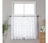 OVZME White Sheer Short Curtains 36 Inch Length 2 Panels, Light Filtering Small Sheer Drapes for Bathroom Basement, Jacquard Clip Leaf Pattern Textured Curtains for Kitchen Window