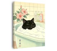 OWANVION Framed Canvas Wall Art Black Cat Bath Decor Aesthetic 12"x16" | Humorous Painting, Vibrant Pattern, HD Print, Easy to Hang, Modern Pictures, Flexible Wall Decoration, For Many Rooms, Gift