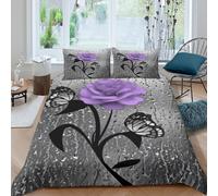 OWBASKPOZ 3D Print Ultrasoft Microfibre Purple rose Bedding Quilt Cover All Season Bedding Sets w/Pillowcases Artistic floral design Duvet Cover Easy Care, Washable Boys Girls Kids Double(200x200cm)