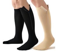 Owcorowan 2 Pairs Zipper Compression Socks, 15-20mmHg Closed Toe Knee High Compression Stockings for Women and Men, Black Nude, XXL