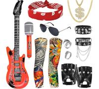 Owdenuy 13Pcs Rock Star Heavy Metal Costume Set, Rock & Roll Accessories- Halloween Cosplay Party Gear with Inflatable Guitar Gloves Accessories for Punk Heavy Metal Disco Party (Black)