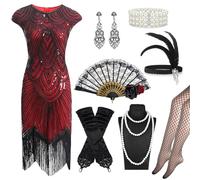 Owdenuy 1920s Flapper Great Gatsby Accessories Set,Claret Roaring 20's Theme Set with Sequin Fringed Dress Red Rose Fan Headband Gloves Necklace Handheld Prop for Women Ladies (Claret, XL)