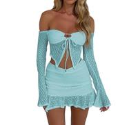 Owegvia 2 Piece Skirt Set For Women Sexy Y2K Off Shoulder Ruffle Mesh Lace Long Sleeve Crop Top Mini Skirt Set Beachwear (blue, L)