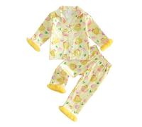 Owegvia 2Pcs Easter Pajamas Sets for Girls Long Sleeve Lapel V Neck Button Down Chick Egg Print Tops and Elastic Waist Pants (Yellow, 18-24 Months)