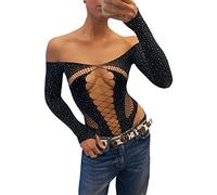 Owegvia Black Bodysuits for Women Off Shoulder Shiny Rhinestone Long Sleeve Hollow Out Mesh Bodysuit Leotard Tops (Black, One Size)