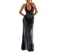 Owegvia Sexy See Through Sheer Lace Maxi Dress Sleeveless Halter Dress Backless Flower High Slit Long Dress Beach Vacation (Black, S)