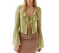 Owegvia Women Split Front Fitted Ruffle hem Fairy Crop Top Long Flared Sleeve Low Cut Ruffle Crop Blouse Tie Up Streetwear (Green, M)