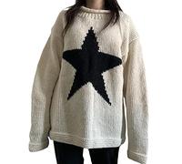 Owegvia Women Vintage Y2k Sweater Long Sleeve Crew Neck Star Pattern Knitted Pullover Top Aesthetic Harajuku Oversized Knit Jumper (White, S)