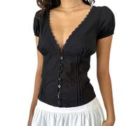 Owegvia Women Y2k Button Up Shirt Deep V Neck Lace Trim Short Sleeve Solid Color Slim Fit Frill Blouse Summer Casual Crop Top Streetwear (Black, M)