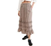 Owegvia Women Y2k Plaid Tiered Maxi Skirt Elastic High Waist Frill Trim Ruffled Flowy A Line Boho Going Out Gingham Skirt (Light Brown, XL)