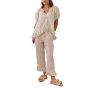 Owegvia Womens 2 Piece Gingham Pajama Set Short Sleeve Plaid Print Button Up Shirt + Ruffle Bell Gingham Pants Set Loungewear (Khaki, XL)