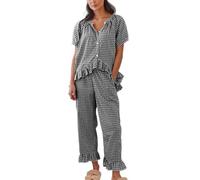 Owegvia Womens 2 Piece Gingham Pajama Set Short Sleeve Plaid Print Button Up Shirt + Ruffle Bell Gingham Pants Set Loungewear (black, XL)