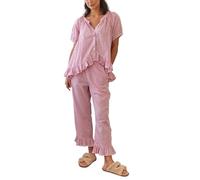 Owegvia Womens 2 Piece Gingham Pajama Set Short Sleeve Plaid Print Button Up Shirt + Ruffle Bell Gingham Pants Set Loungewear (Red, L)