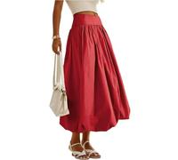 Owegvia Women's Balloon Long Skirts Elegant High Waist Solid Color A-Line Skirts Casual Flowy Skirts Coconut Girl Aesthetic (A- Red, L)