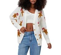Owegvia Women's Christmas Cardigan Candy Cane/Gingerbread Man Drop Shoulder Long Sleeve Ribbed Button-Front Knit Jumpers (White, XL)