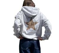 Owegvia Women's Leopard Star Hoodie Casual Star Print Long Sleeve Hooded Sweatshirt With Front Pocket Y2k Oversized Hoodies (Gray, M)