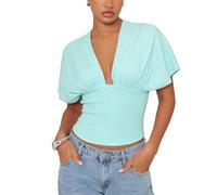 Owegvia Women's Y2k Crop Tops Deep V Neck Dolman Sleeve Tops Cute Backless Tie Up T Shirt Going Out Tops (Mint Green, S)