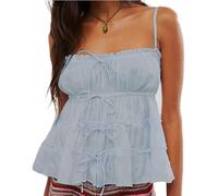 Owegvia Womens Y2k Summer Ruffle Cami Tops Sleeveless Open Back Solid Color Tiered Ruffle Tie Shoulder Flowy Ruched Vest Top (Blue, L)