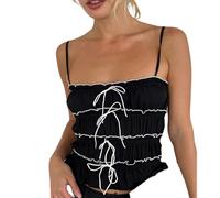 Owegvia Womens Y2k Summer Ruffle Cami Tops Sleeveless Open Back Solid Color Tiered Ruffle Tie Shoulder Flowy Ruched Vest Top (Tie Black, M)