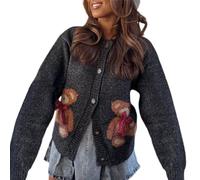 Owegvia Y2k Knit Cardigans for Women Bear Print Cardigan Long Sleeve Drop Shoulder Crew Neck Button Down Sweater Knit Tops (Black, S)