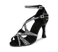 OWEIEYEU Women Ballroom Dancing Heels Tango Chacha Latin Dance Shoes Rhinestones Party Shoes Satin Sandals Black 5CM Heel 9.5