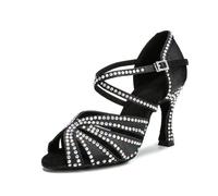 OWEIEYEU Women Ballroom Dancing Sneakers Tango Salsa Latin Dance Shoes Rhinestones Cuban High Heel Sandals Black 9CM Heel 5.5