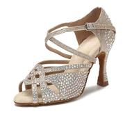 OWEIEYEU Women Ballroom Latin Dancing Shoes Tango Salsa High Heels Crossed Strappy Dance Sandals Golden 9cm heel 7
