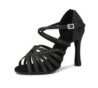 OWEIEYEU Women Latin Dance Shoes Rhinestones Salsa Tango Ballroom Dancing Shoes Wedding Party Dressy Sandals Black 8.5cm heel 6