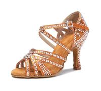 OWEIEYEU Women Latin Dance Shoes Rhinestones Soft Sole Salsa Ballroom Dancing High Heels Wedding Sandals Brown 7.5cm heel 8