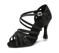 OWEIEYEU Women Latin Dance Shoes Rhinestones Soft Sole Salsa Ballroom Dancing High Heels Wedding Sandals Black 10cm heel 7