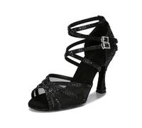 OWEIEYEU Women Mesh Latin Dance Shoes Rhinestones Satin Wedding Party Dressy Shoes Soft Bottom Sandals Black 5cm heel 7.5