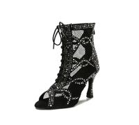 OWEIEYEU Women Mesh Rhinestones Dance Boots Latin Pole Dance Sneakers Soft Sole High Heels Sandals Black 10cm heel 7