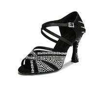 OWEIEYEU Women Rhinestone Latin Dance Shoes Chacha Salsa Ballroom Dancing Heels Wedding Party Shoes Black 5CM Heel 6