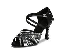 OWEIEYEU Women Rhinestone Latin Dance Shoes Chacha Salsa Ballroom Dancing Heels Wedding Party Shoes Black 10CM Heel 6.5