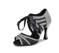 OWEIEYEU Women Rhinestone Salsa Tango Ballroom Dance Shoes Lace Up Dancing High Heels Indoor Latin Sandals Black 8.5cm heel 9.5