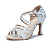 OWEIEYEU Women Rhinestones Latin Dance Shoes Salsa Ballroom Dancing Heels Wedding Party Strappy Sandals Blue 8.5cm heel 5.5