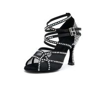 OWEIEYEU Women Satin Party Dance Shoes Rhinestones Tango Salsa Latin Dancing Shoes Heeled Strappy Sandals Black 6cm Heel 5.5