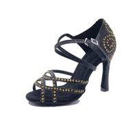 OWEIEYEU Women Satin Rhinestones Latin Dance Shoes Soft Bottom Ballroom Dance Sandals Wedding High Heels Golden 5cm heel 7.5