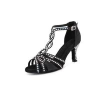 OWEIEYEU Women's Latin Dance Shoes Ballroom Dancing Practice Training Performance Rhinestone High Heels Black 9cm heel 8.5