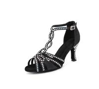 OWEIEYEU Women's Latin Dance Shoes Ballroom Dancing Practice Training Performance Rhinestone High Heels Black 8.5cm heel 9.5