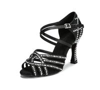 OWEIEYEU Women's Latin Dance Shoes Rhinestone Tango Ballroom Dancing Heels Wedding Party Dressy Sandals Black 9CM Heel 7
