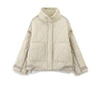 OWEIEYEU Women'S Quilted Jacket Drawstring High Collar Zipper Hidden Button Padded Chic Jacket Beige Jacket S