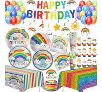 Owelleny Rainbow Birthday Decorations, Colorful Striped Cloud Rainbow Theme Party Supplies for Birthday Baby Shower, Plate, Napkin, Cup, Banner, Tablecloth, Balloon, Swirls, Topper, Cutlery, Serves 24