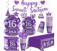 Owelleny Sweet 16 Birthday Decorations Supplies for Girl, Purple, Serves 24 | 16th Birthday Party Supplies, Happy Sweet Sixteen Paper Plates and Napkins Table Decorations, Cup, Tablecloth, Banner, Swirls