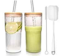Owenda 2 Pack 20oz Glass Cups with Lids and Straws,Clear Iced Coffee Cup,Mason Jar Drinking Glasses Suitable for Iced Coffee,Boba Cup,Juice,Soda,Tea,Milk,Smoothie